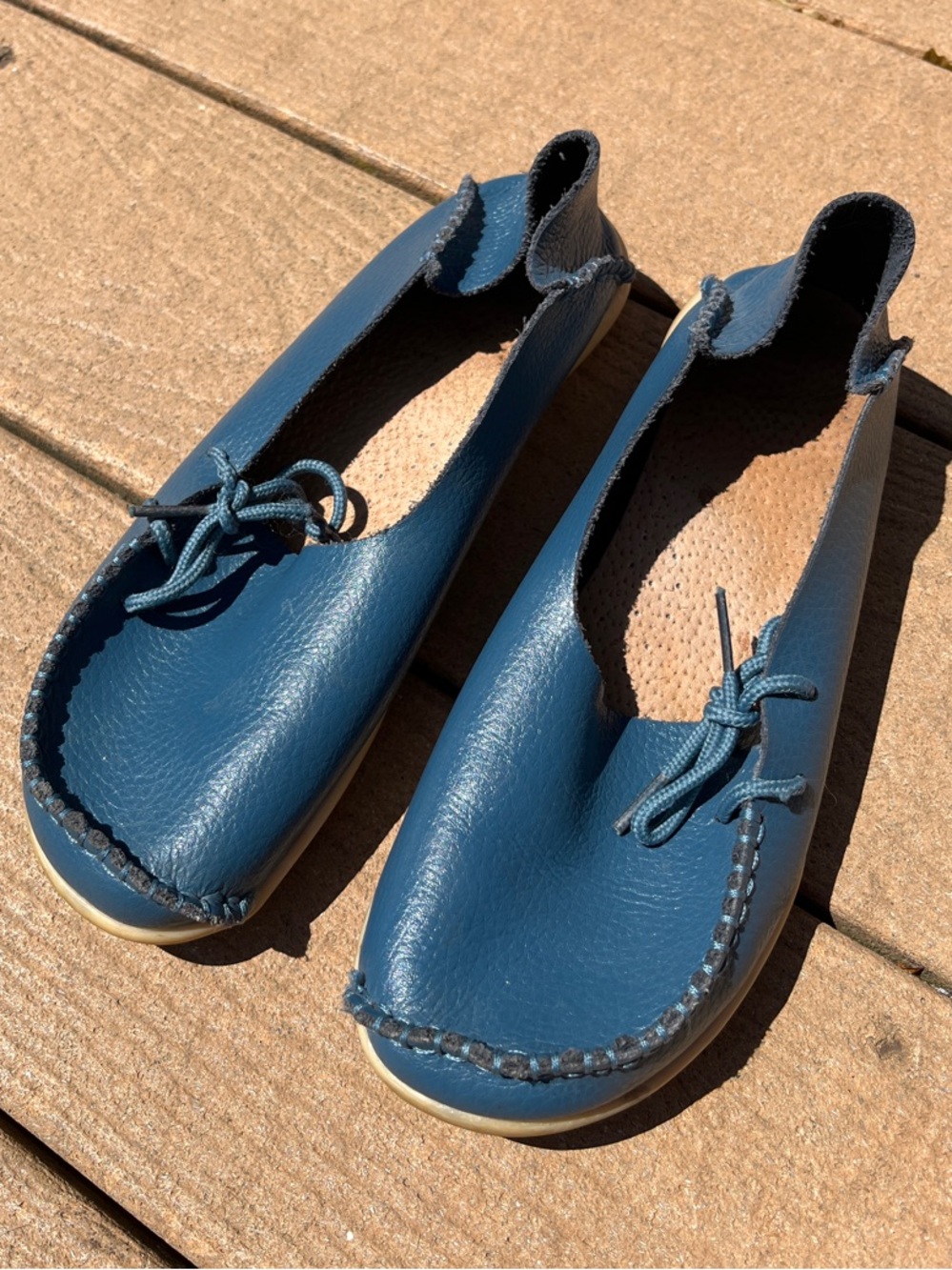 Blue Leather Slip-On Moccasin Flats
